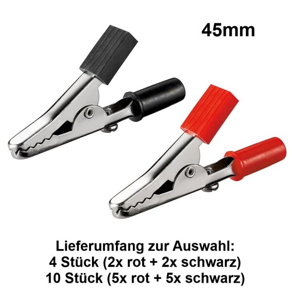 Krokodilklemmen Prüfklemme Krokoklemme 4mm Bananenstecker isoliert für Prüfkabel 45mm Griffe isoliert (rot + schwarz) 4 Stück (2x rot und 2x schwarz)