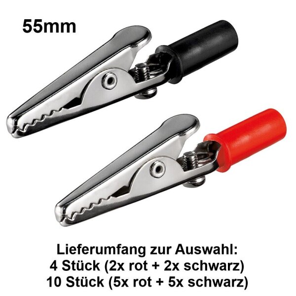 Krokodilklemmen Prüfklemme Krokoklemme 4mm Bananenstecker isoliert für Prüfkabel 55mm Griff isoliert (rot + schwarz) 10 Stück (5x rot und 5x schwarz)