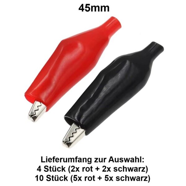 Krokodilklemmen Prüfklemme Krokoklemme 4mm Bananenstecker isoliert für Prüfkabel 45mm voll isoliert (rot + schwarz) 4 Stück (2x rot und 2x schwarz)
