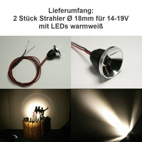 Flutlichtstrahler Scheinwerfer Flutlicht H0 RC LED Beleuchtung 6 9 12 14 16 19V 18mm 14-19V warmweiß 2 Stück