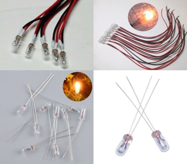 Mini Glühlämpchen 3mm Glühbirne Glühlampe 14-16V mit Kabel oder Draht Modellbahn