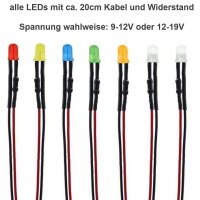 LED 3mm 9V 12V 14V 16V 19V Kabel Widerstand fertig angelötet verkabelt 10 Stück