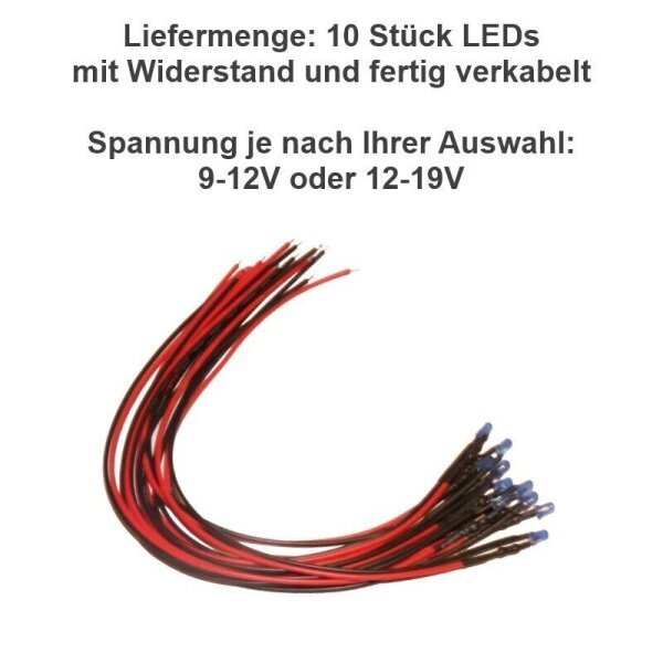 LED 3mm 9V 12V 14V 16V 19V Kabel Widerstand fertig angelötet verkabelt 10 Stück Blau 12-19V DC