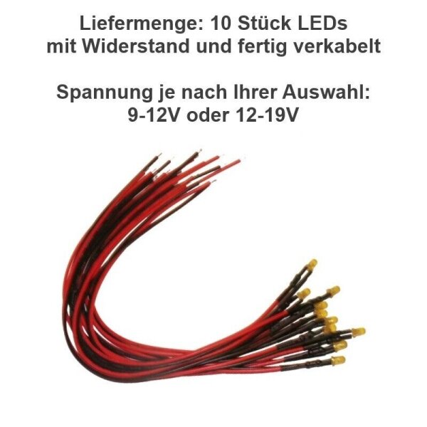 LED 3mm 9V 12V 14V 16V 19V Kabel Widerstand fertig angelötet verkabelt 10 Stück Gelb 9-12V DC
