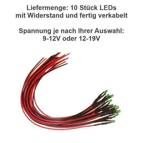 LED 3mm 9V 12V 14V 16V 19V Kabel Widerstand fertig angelötet verkabelt 10 Stück Grün 12-19V DC