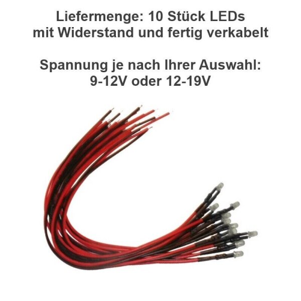 LED 3mm 9V 12V 14V 16V 19V Kabel Widerstand fertig angelötet verkabelt 10 Stück Kaltweiß 12-19V DC