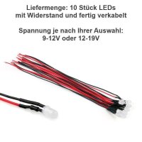 LED 5mm 9V 12V 14V 16V 19V Kabel Widerstand fertig angelötet verkabelt 10 Stück