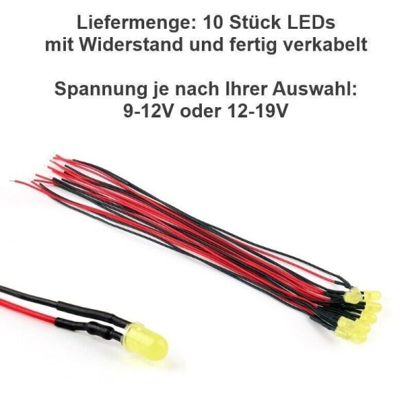 LED 5mm 9V 12V 14V 16V 19V Kabel Widerstand fertig angelötet verkabelt 10 Stück Gelb 12-19V DC