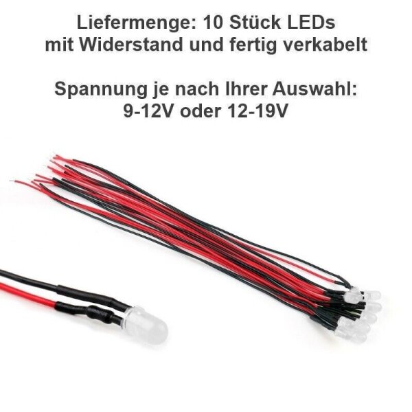 LED 5mm 9V 12V 14V 16V 19V Kabel Widerstand fertig angelötet verkabelt 10 Stück Kaltweiß 12-19V DC