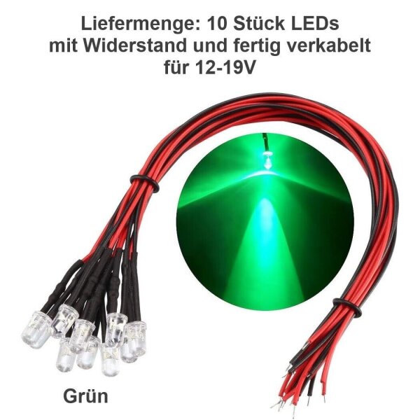 LED 5mm 12V 14V 16V 19V Kabel Widerstand fertig angelötet verkabelt 10 Stück Grün