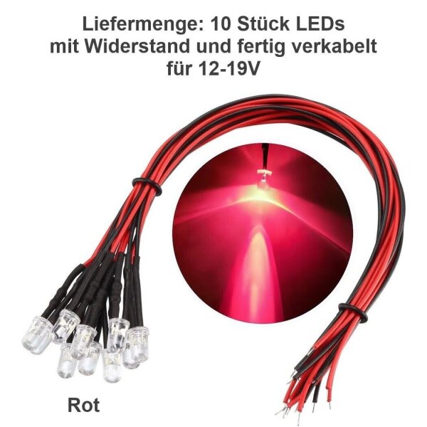 LED 5mm 12V 14V 16V 19V Kabel Widerstand fertig angelötet verkabelt 10 Stück Rot