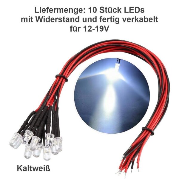 LED 5mm 12V 14V 16V 19V Kabel Widerstand fertig angelötet verkabelt 10 Stück Kaltweiß