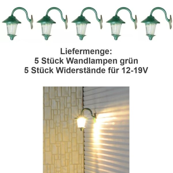 Wandlampen LED Straßenlampen H0 Wandleuchten Häuser Gebäude Modellbahn 5 Stück Grün