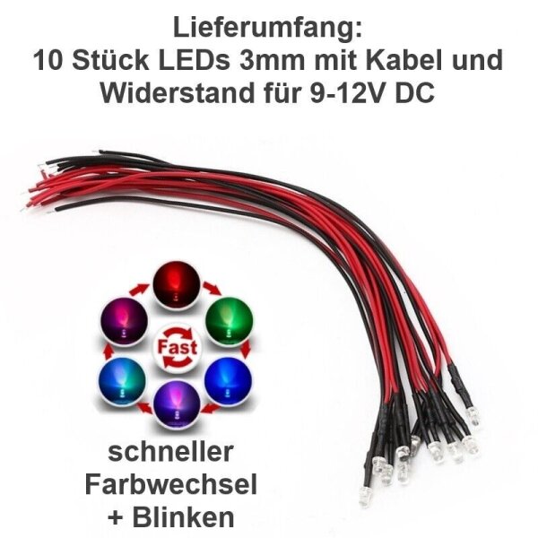 LED RGB 3mm 5mm Farbwechsel langsam schnell 9V 12V Kabel Widerstand angelötet 3mm klar schneller Lichtwechsel + Blinken