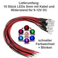 LED RGB 3mm 5mm Farbwechsel langsam schnell 9V 12V Kabel...