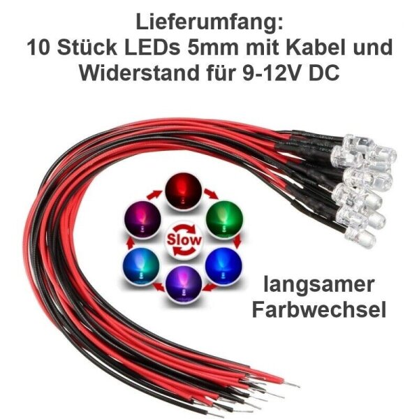 LED RGB 3mm 5mm Farbwechsel langsam schnell 9V 12V Kabel Widerstand angelötet 5mm klar langsamer Lichtwechsel