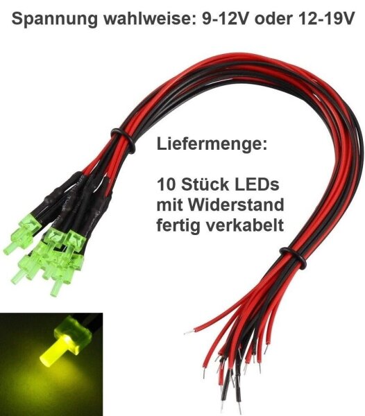 LED 2mm Tower 9V 12V 14V 16V 19V Kabel Widerstand angelötet verkabelt 10 Stück * Grün 12-19V DC