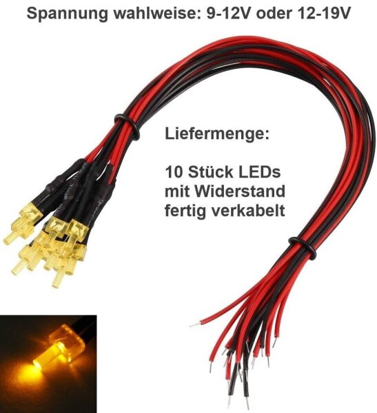LED 2mm Tower 9V 12V 14V 16V 19V Kabel Widerstand angelötet verkabelt 10 Stück * Orange 9-12V DC