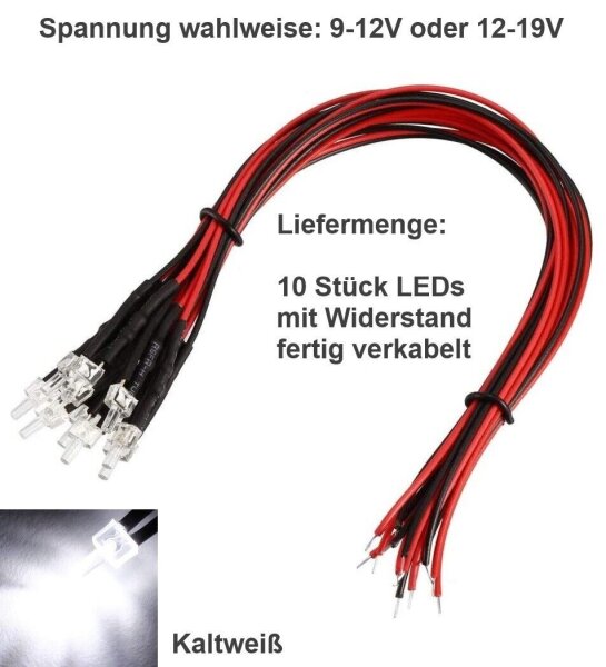 LED 2mm Tower 9V 12V 14V 16V 19V Kabel Widerstand angelötet verkabelt 10 Stück * Kaltweiß 12-19V DC