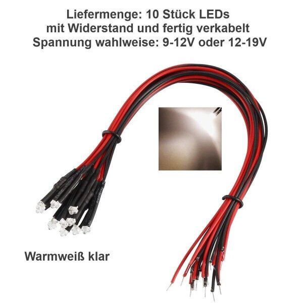 10 Stück Mini-LED 1,8 Mm – 9V–19V, Mit Angelötetem Widerstand & 20 Cm Kabel