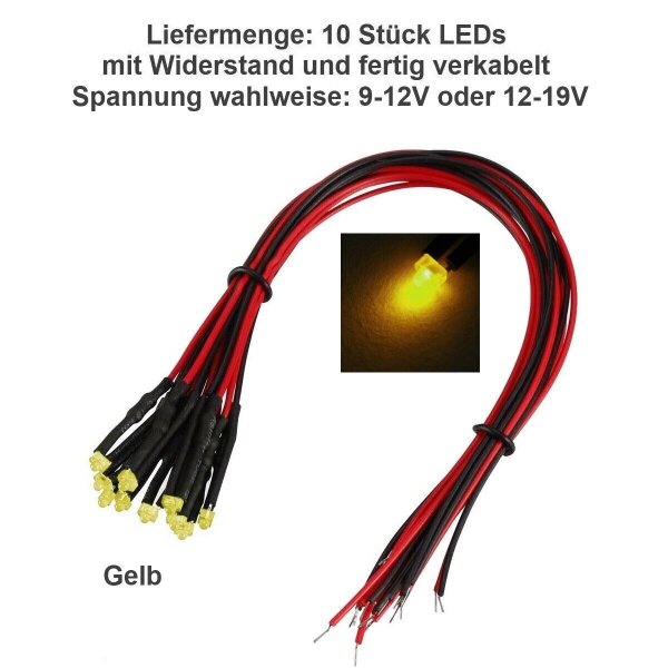 LED 1,8mm 9V 12V 14V 16V 19V Kabel Widerstand angelötet verkabelt mini 10 Stück Gelb 9-12V DC