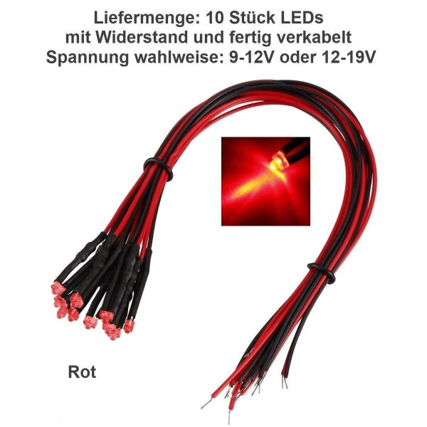 LED 1,8mm 9V 12V 14V 16V 19V Kabel Widerstand angelötet verkabelt mini 10 Stück Rot 12-19V DC