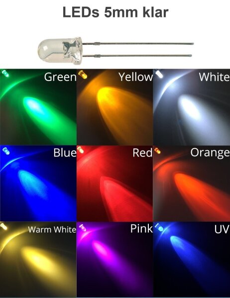 LED 3mm 5mm rund diffus farbig klar 10 20 50 100 Stück Set Sortiment zur Auswahl 5mm klar Gelb 10 Stück