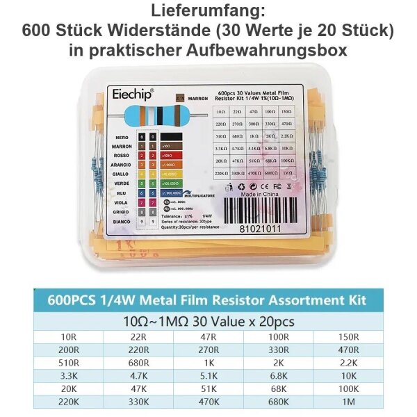 Widerstände Vorwiderstände 1/4W 1% 300 / 600 Stück Metallschicht Metallfilm Set 600 Stück in Box (30 Werte je 20 Stück)