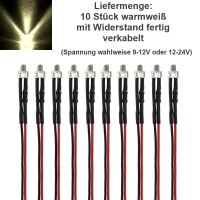 LED 2mm kurz 9 12 14 16 19 24 V Kabel Widerstand angelötet verkabelt 10 Stück