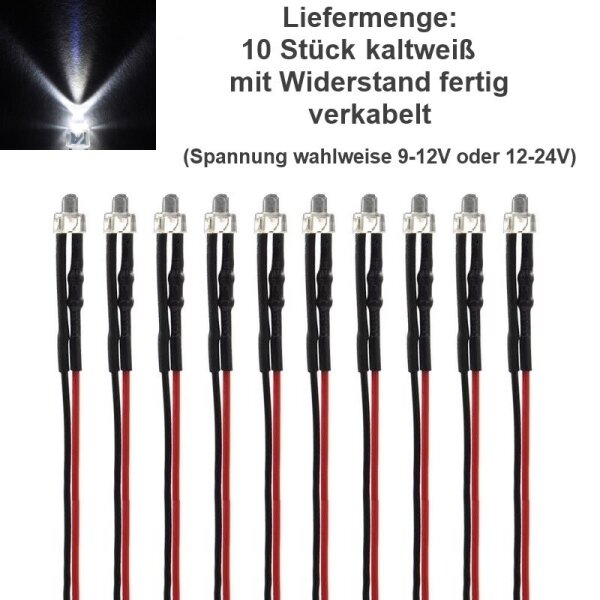 LED 2mm kurz 9 12 14 16 19 24 V Kabel Widerstand angelötet verkabelt 10 Stück Kaltweiß 12-24V