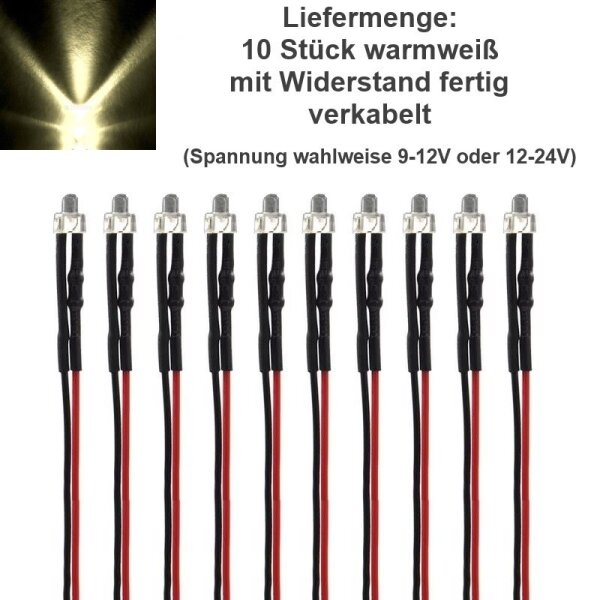 LED 2mm kurz 9 12 14 16 19 24 V Kabel Widerstand angelötet verkabelt 10 Stück Warmweiß 12-24V