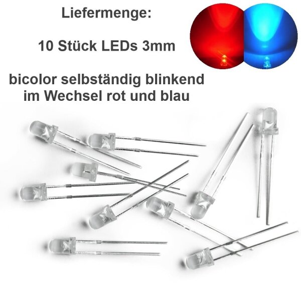 Blink LED 3mm 5mm bicolor rot/blau rot/grün zweifarbig DUO LEDs blinkend 1,5Hz 3mm Rot / Blau 10 Stück