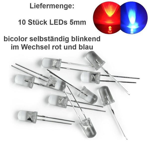Blink LED 3mm 5mm bicolor rot/blau rot/grün zweifarbig DUO LEDs blinkend 1,5Hz 5mm Rot / Blau 10 Stück