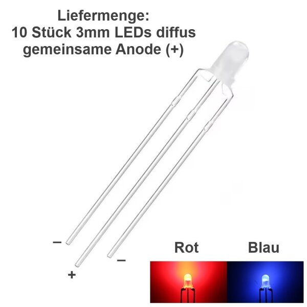 Duo LED Bicolor 3mm 5mm 3 Pin gem. Anode Kathode rot/grün rot/blau LEDs 10 Stück 3mm diffus rot/blau gem. Anode