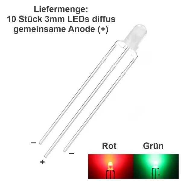 Duo LED Bicolor 3mm 5mm 3 Pin gem. Anode Kathode rot/grün rot/blau LEDs 10 Stück 3mm diffus rot/grün gem. Anode