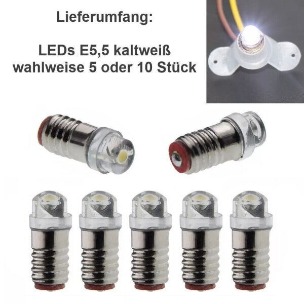 LED Lämpchen E5,5 Sockel Gewinde Fassung E5.5 LEDs 3-24V AC/DC Modellbau H0 TT N LEDs Kaltweiß 12-24V AC/DC 10 Stück