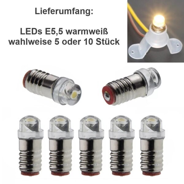 LED Lämpchen E5,5 Sockel Gewinde Fassung E5.5 LEDs 3-24V AC/DC Modellbau H0 TT N LEDs Warmweiß 6-12V AC/DC 5 Stück