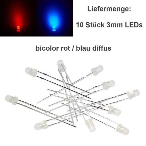Duo LED Bicolor 3mm 5mm 2 Pin rot/grün rot/blau diffus klar LEDs 10 Stück 3mm diffus rot/blau