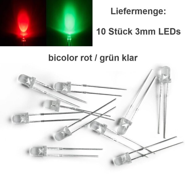 Duo LED Bicolor 3mm 5mm 2 Pin rot/grün rot/blau diffus klar LEDs 10 Stück 3mm klar rot/grün