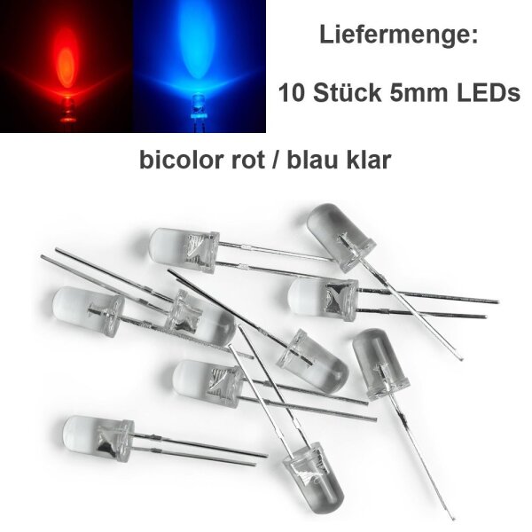 Duo LED Bicolor 3mm 5mm 2 Pin rot/grün rot/blau diffus klar LEDs 10 Stück 5mm klar rot/blau