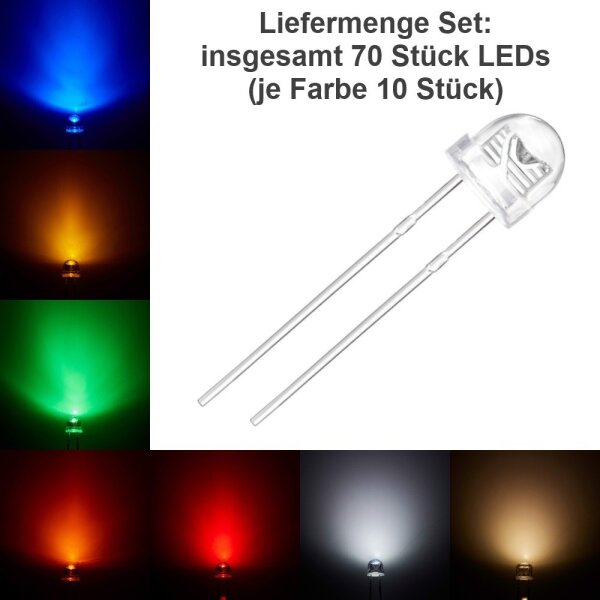 LED 5mm 4,8mm Flachkopf Kurzkopf klar straw hat Strohhut LEDs 10 20 50 100 Stück Set alle Farben Sortiment 70 Stück alle Farben