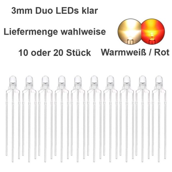 Duo LED 3mm bicolor LEDs 3pin digital Lichtwechsel Loks Triebwagen Zug H0 TT 1 0 10 Stück warmweiß / rot klar