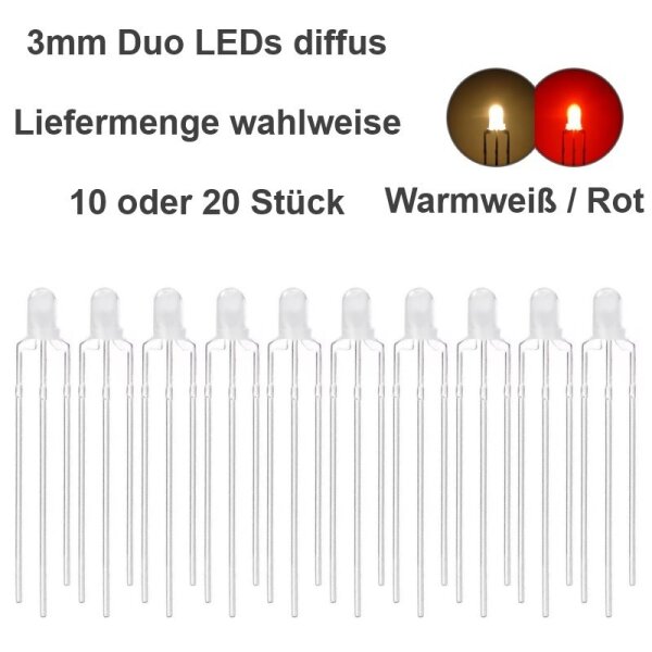 Duo LED 3mm bicolor LEDs 3pin digital Lichtwechsel Loks Triebwagen Zug H0 TT 1 0 20 Stück warmweiß / rot diffus