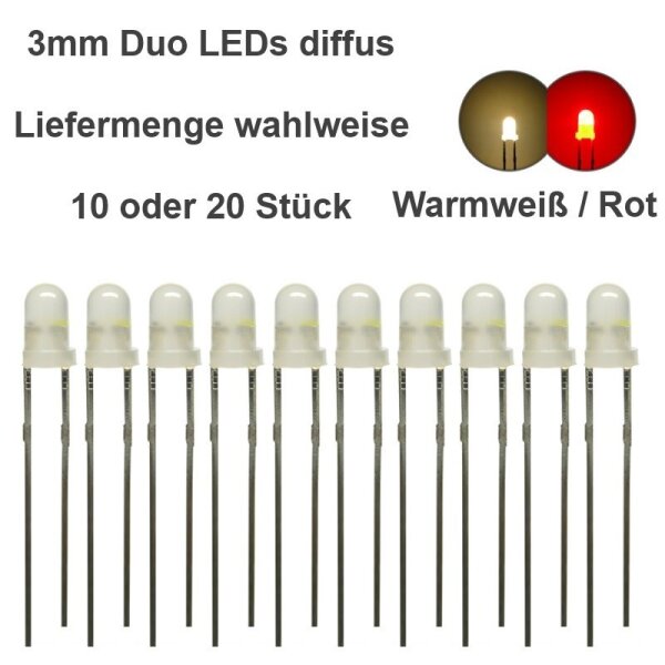 Duo LED 3mm bicolor LEDs 2pin Beleuchtung Lichtwechsel Loks Triebwagen H0 TT 1 0 10 Stück warmweiß / rot diffus