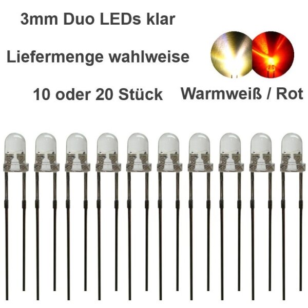Duo LED 3mm bicolor LEDs 2pin Beleuchtung Lichtwechsel Loks Triebwagen H0 TT 1 0 20 Stück warmweiß / rot klar