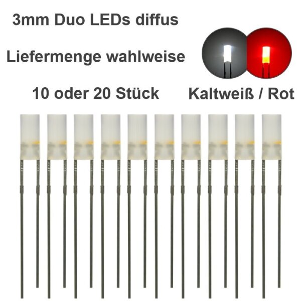 Duo LED 3mm Zylinder bicolor LEDs 2-Pin Lichtwechsel Licht Loks Triebwagen H0 TT 20 Stück kaltweiß / rot diffus