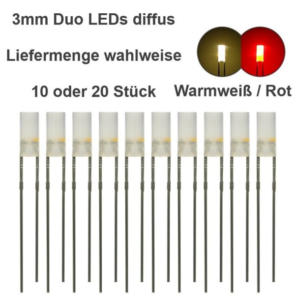 Duo LED 3mm Zylinder bicolor LEDs 2-Pin Lichtwechsel Licht Loks Triebwagen H0 TT 20 Stück warmweiß / rot diffus