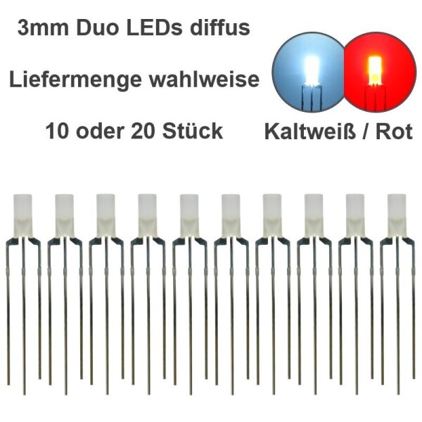 Duo LED 3mm Zylinder Bicolor LEDs 3-pin DIGITAL Lichtwechsel Loks Züge H0 TT 0 1 10 Stück kaltweiß / rot diffus