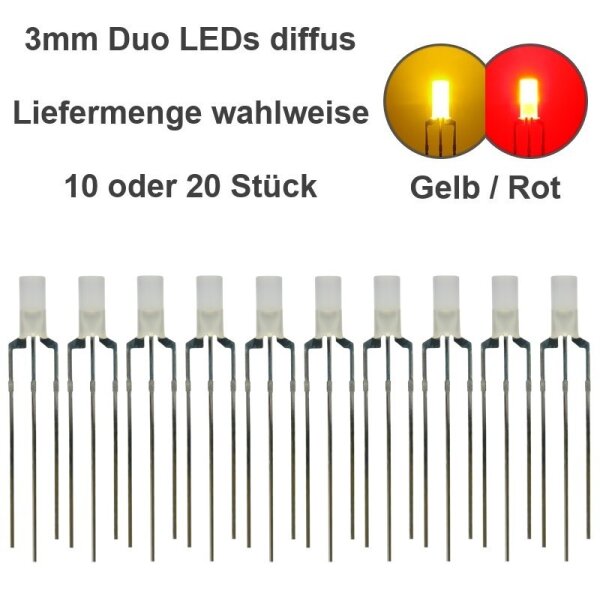 Duo LED 3mm Zylinder Bicolor LEDs 3-pin DIGITAL Lichtwechsel Loks Züge H0 TT 0 1 20 Stück gelb / rot diffus