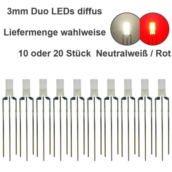 Duo LED 3mm Zylinder Bicolor LEDs 3-pin DIGITAL Lichtwechsel Loks Züge H0 TT 0 1 10 Stück neutralweiß / rot